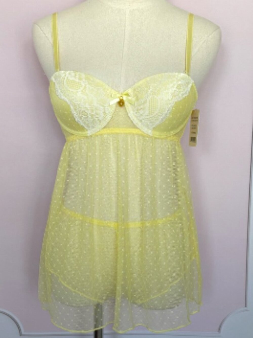 REBECCA MINKOFF Yellow Mesh Dot Babydoll & Flutter Panty Lingerie Set--NWT--S